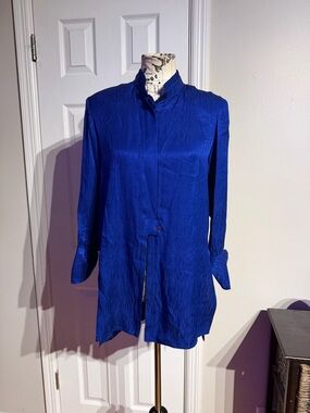 Simon Chang 100% Silk Vintage Crinkle texture Cobalt Long Sleeve Button Mandarin